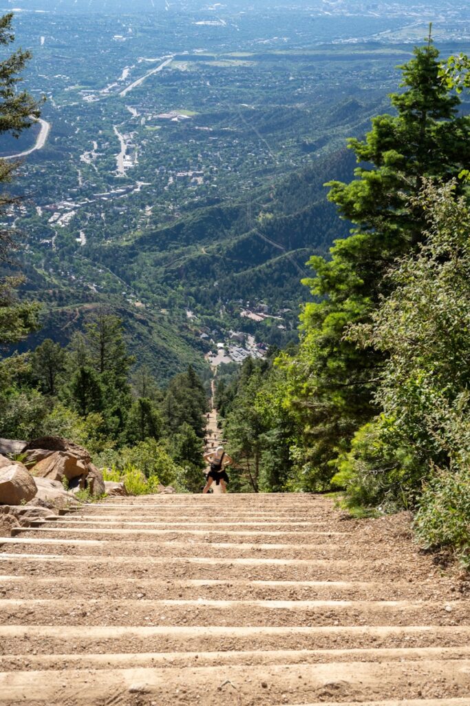a person walking up a set of stairs in the mountains